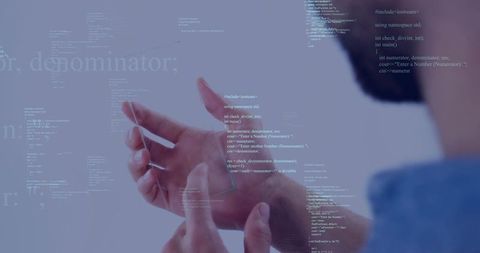 Developer Interacting with Holographic Code Interface Using Transparent Touch Device