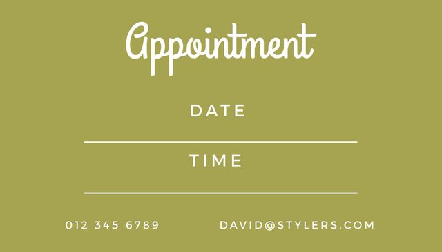 Editable blank appointment card featuring a green background with placeholders for date and time, along with contact information at the bottom. Ideal for use by professionals to set appointments, provide clients with reminders, or for personal scheduling.
