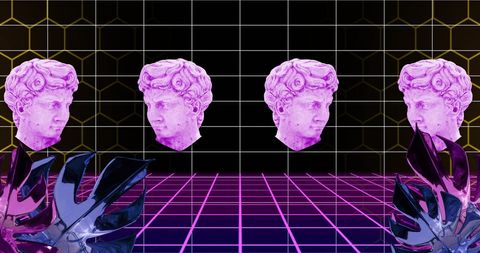Surreal retro futurism with floating classical busts