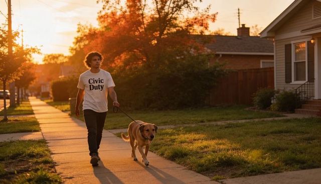 Young man walking labrador at sunset wearing civic duty t-shirt in suburban neighborhood