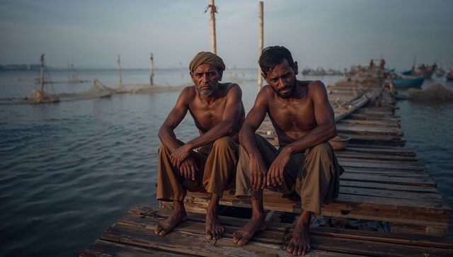 Two fishermen resting on weathered wooden jetty at golden hour holding fishing nets