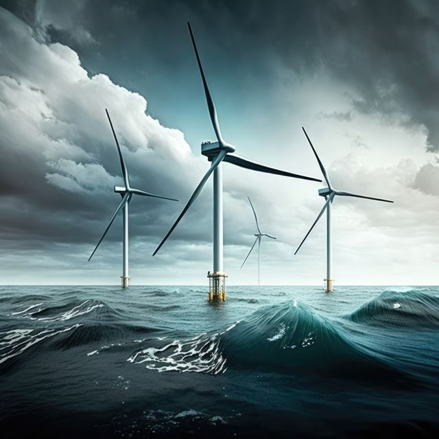 Four wind turbines in ocean and clouded sky, created using generative ai technology. Wind energy, sustainability, environment and climate change concept digitally generated image.