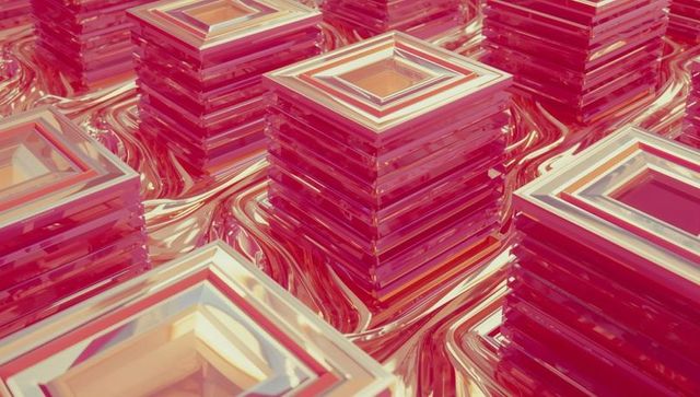 Futuristic geometric columns on reflective pink surface