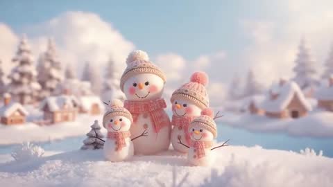 Shifting Camera Zoom Toward Snow Family on Hill with Knitted Beanies, Village Pond