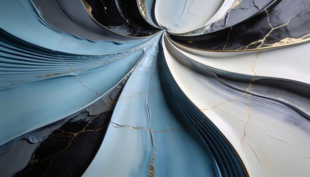 Teal black and white swirling abstract with gold veins, radial glossy metallic layers and depth