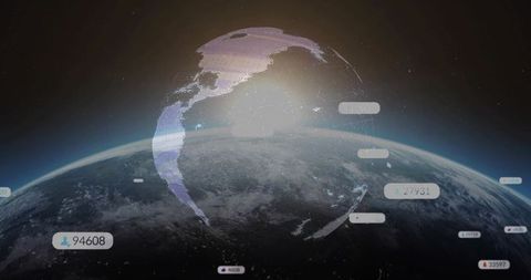 Global digital earth rendering showing mesh overlay, data bubbles and network connectivity