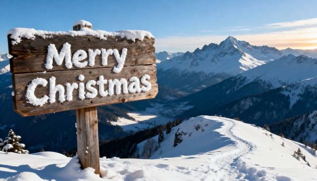 Rustic Merry Christmas Snow-Lettered Wooden Sign on Alpine Ridge with Mountain Sunset