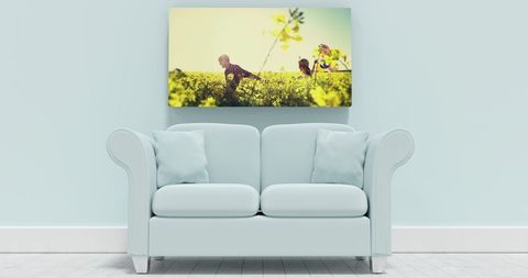 Pastel Living Room with Nature-Inspired Canvas Art on Wall - Download Free Stock Images Pikwizard.com