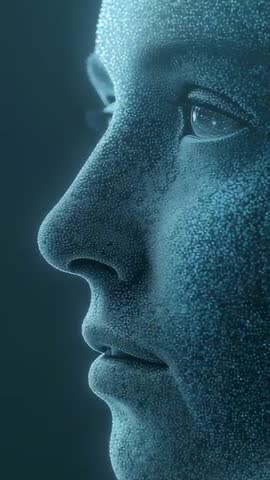Vertical cinematic AI profile exploring particle skin and luminescent eye in teal studio