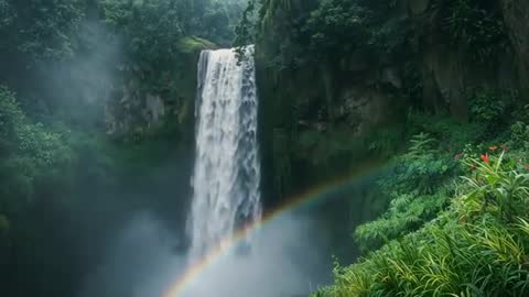 Majestic Waterfall Drifting into Misty Rainbow Paradise
