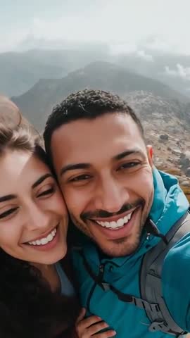 Smiling couple capturing selfie on alpine ridge celebrating summit vertical video