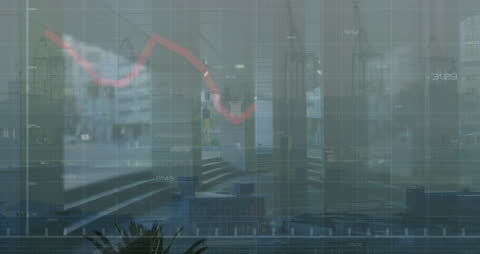 Cityscape with Fall in Financial Data Trend Animation