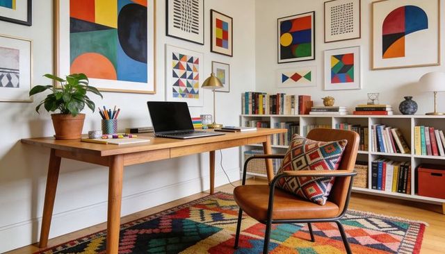 Colorful midcentury home office with wooden desk, leather chair and gallery wall