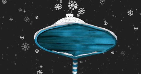 Winter Snowfall Over Blue Wooden Signpost, Festive Atmosphere