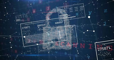 Futuristic holographic cyber dashboard visualizing network scan and digital data mapping