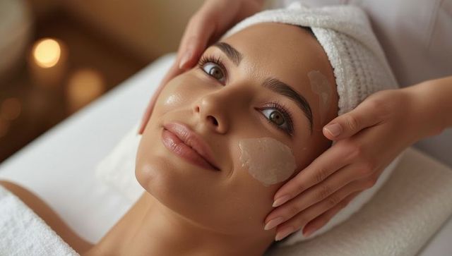Woman receiving revitalizing facial spa treatment with relaxing atmosphere