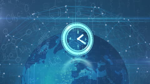 Digital Clock with Global Network Connections on Dark Background