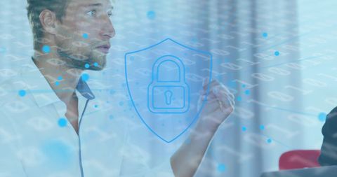Businessman in Meeting with Digital Security Interface