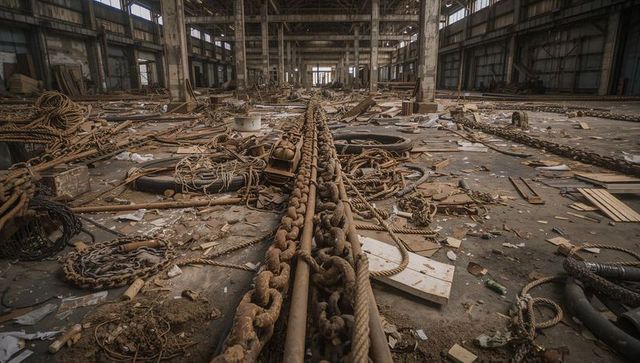 Running rusted chain stretching through derelict warehouse with coils of rope and debris