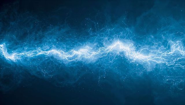 Abstract White-Blue Lightning Beam with Sparks in Dynamic Space