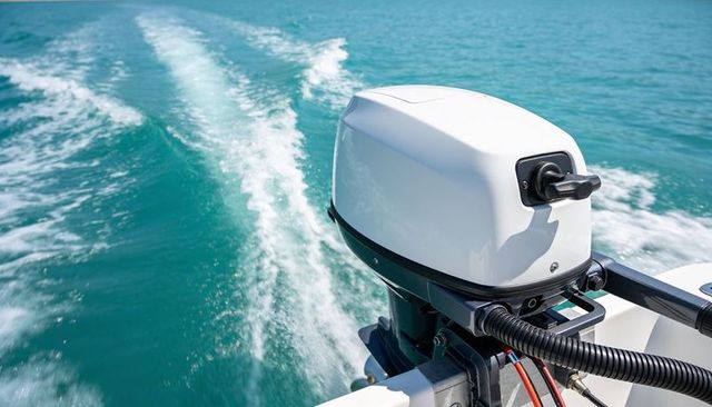 White outboard motor powering small powerboat across turquoise water leaving foamy wake