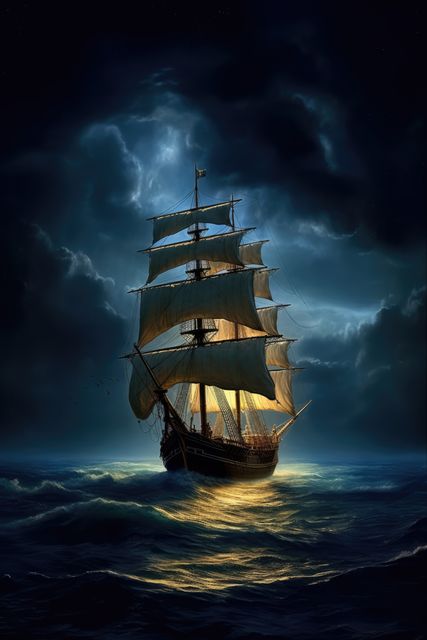 A majestic sailing ship braves the turbulent sea at night. Illuminated by the moon's glow, it embodies the spirit of historical maritime adventures.