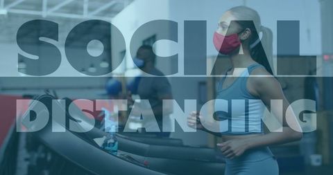 Woman Exercising on Treadmill with Face Mask in Gym During Pandemic