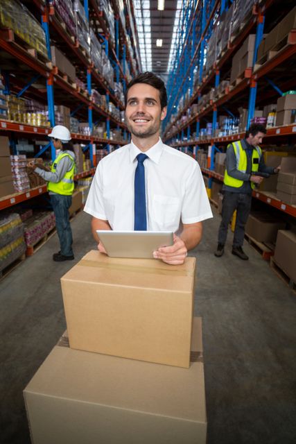Warehouse manager holding digital tablet in warehouse