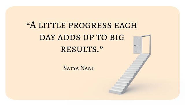 This image features a staircase leading to an open door, symbolizing growth, self-improvement, and achieving corporate goals. The inspirational quote by Satya Nani highlights the importance of daily progress. Useful for motivational posters, corporate presentations, and personal development blogs.