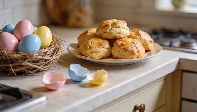 Golden buttermilk scones on counter with pastel easter eggs and cracked shells in sunlight