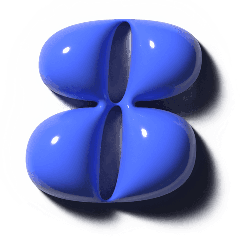 Glossy cobalt blue biomorphic four-lobed sculpture floating on transparent backdrop
