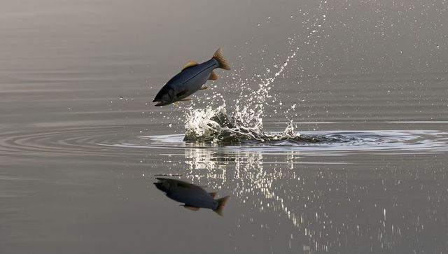 Leaping fish creating splash crown and mirror reflection over calm lake