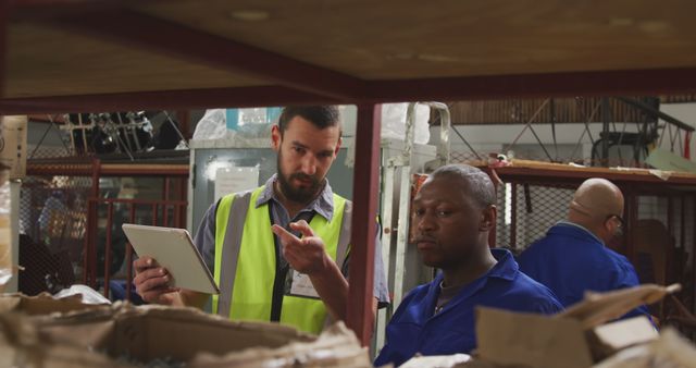 Factory Workers Discussing Production Process Using Digital Tablet - Download Free Stock Images Pikwizard.com