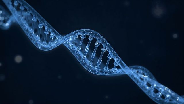 Glassy dna helix curving across dark blue space with liquid droplet rungs