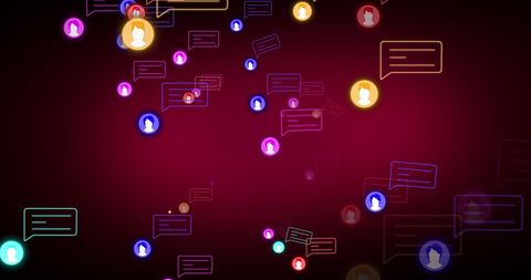 Colorful social media icons and speech bubbles on red background