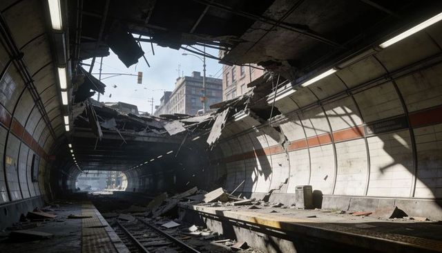 Collapsed subway station revealing city through gaping roof hole, morning sunlight