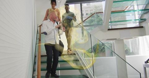 Modern Office Environment with Professional Team on Glass Staircase