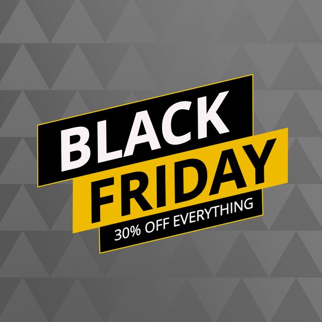 Composition of black friday 30 percent off everything text over shapes on grey background. Black friday, shopping and retail concept digitally generated image.