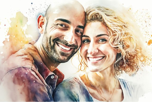 Watercolour portrait of smiling couple, created using generative ai technology. Painting and portraiture concept digitally generated image.