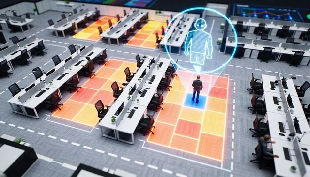 Smart office occupancy heatmap showing holographic worker locator in open-plan workspace