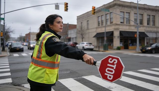 Female crossing guard holding stop paddle directing traffic at downtown crosswalk in hi-vis vest
