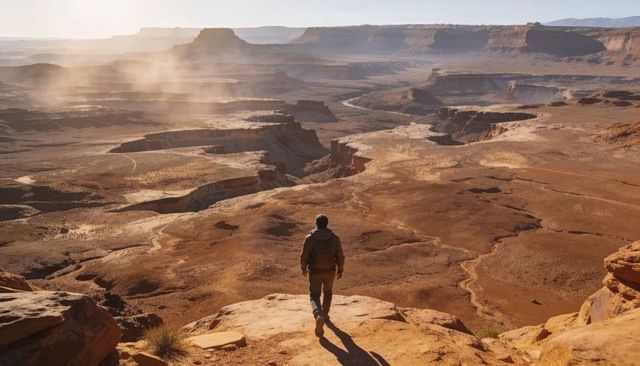 Hiker overlooking vast sandstone canyon at golden hour, backpacking desert mesa vista