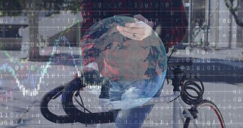 Commuter Holding Bike with Globe Floating and Financial Charts Overlay