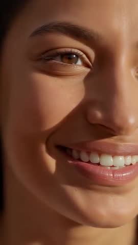 Smiling woman turning head, widening smile in warm golden studio light — vertical video