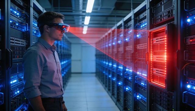 IT Technician Inspecting Server Rack with AR Headset Scanning Red Alert in Data Center