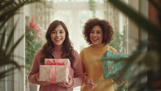 Joyful women holding gifts by home entrance