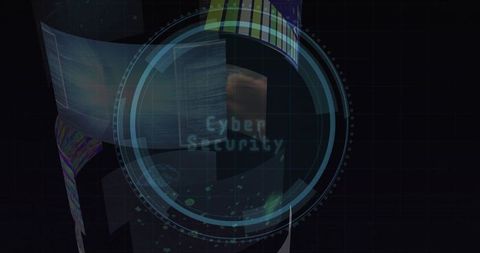 Rotating hud displaying pixelated cybersecurity text with neon rings and code particles