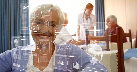 Smiling Senior Interacting with Virtual Health Dashboards in Care Home Dining Room