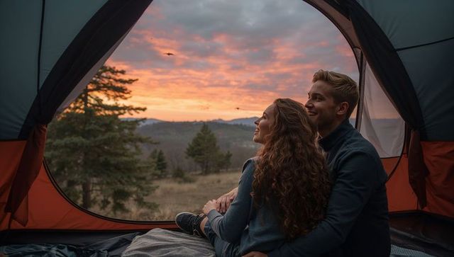 Couple Embracing in Tent Watching Sunset over Meadow Campsite Romantic Outdoor Escape