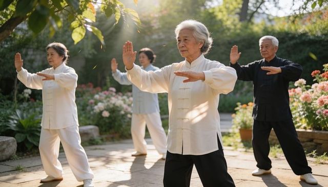 Senior asian group practicing tai chi in sunlit garden courtyard for wellness and balance